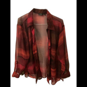 Fleurs by Elegant Additions Blouse Top Sheer Button Front Collar Long Sleeves